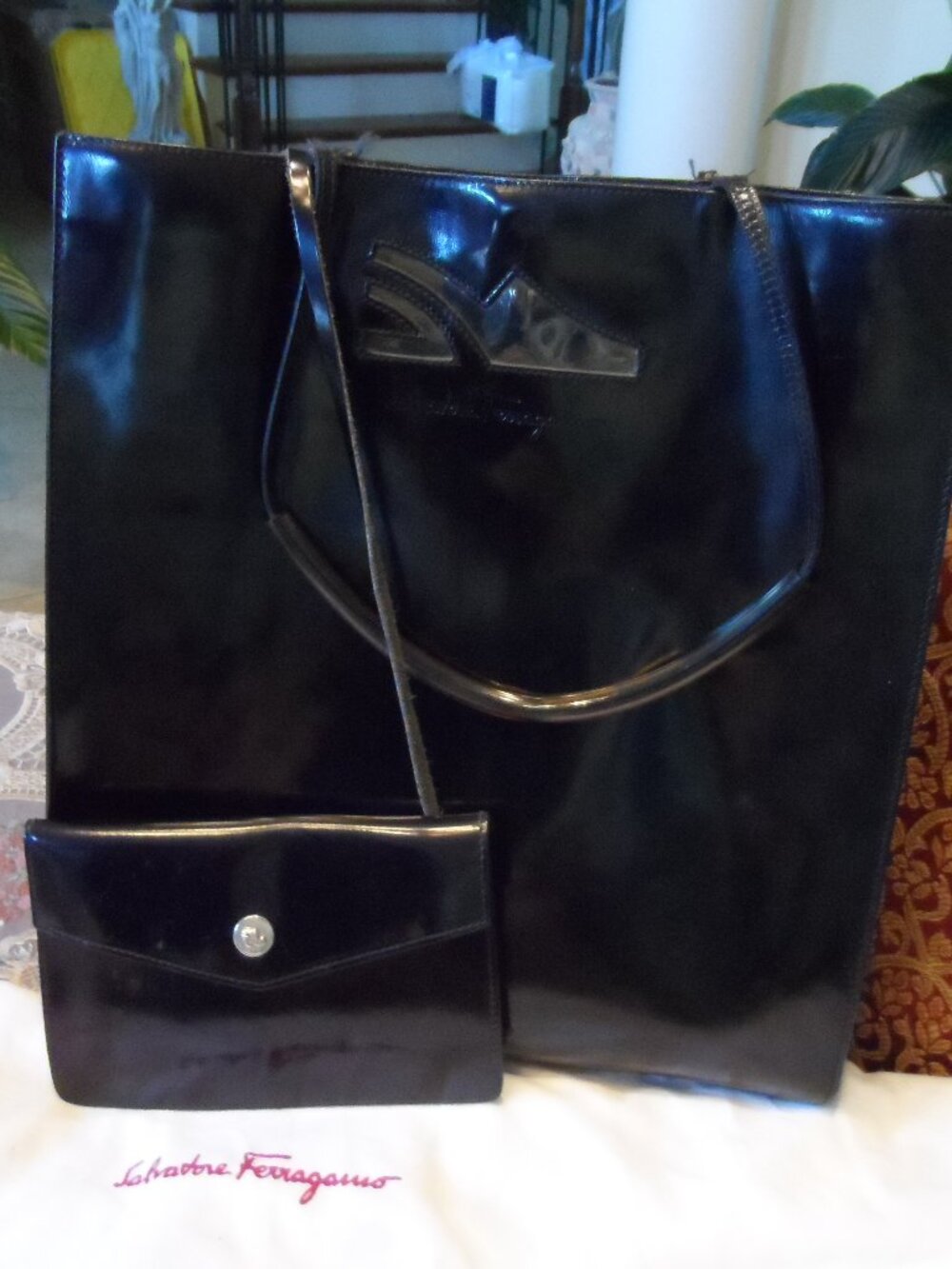 Salvatore Ferragamo Black Patent Leather Tote Bag with Wallet Insert